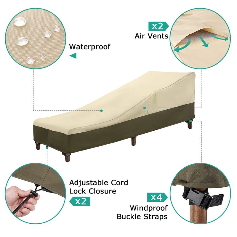 SunPatio Chaise Lounge Cover Outdoor Waterproof  Heavy Duty 2 Pack Patio Lounge Chair Cover  UV & Rip & Fade Resistant  All Weather Protection  80W x 32D x 25H inch  Beige & Olive - Image 2